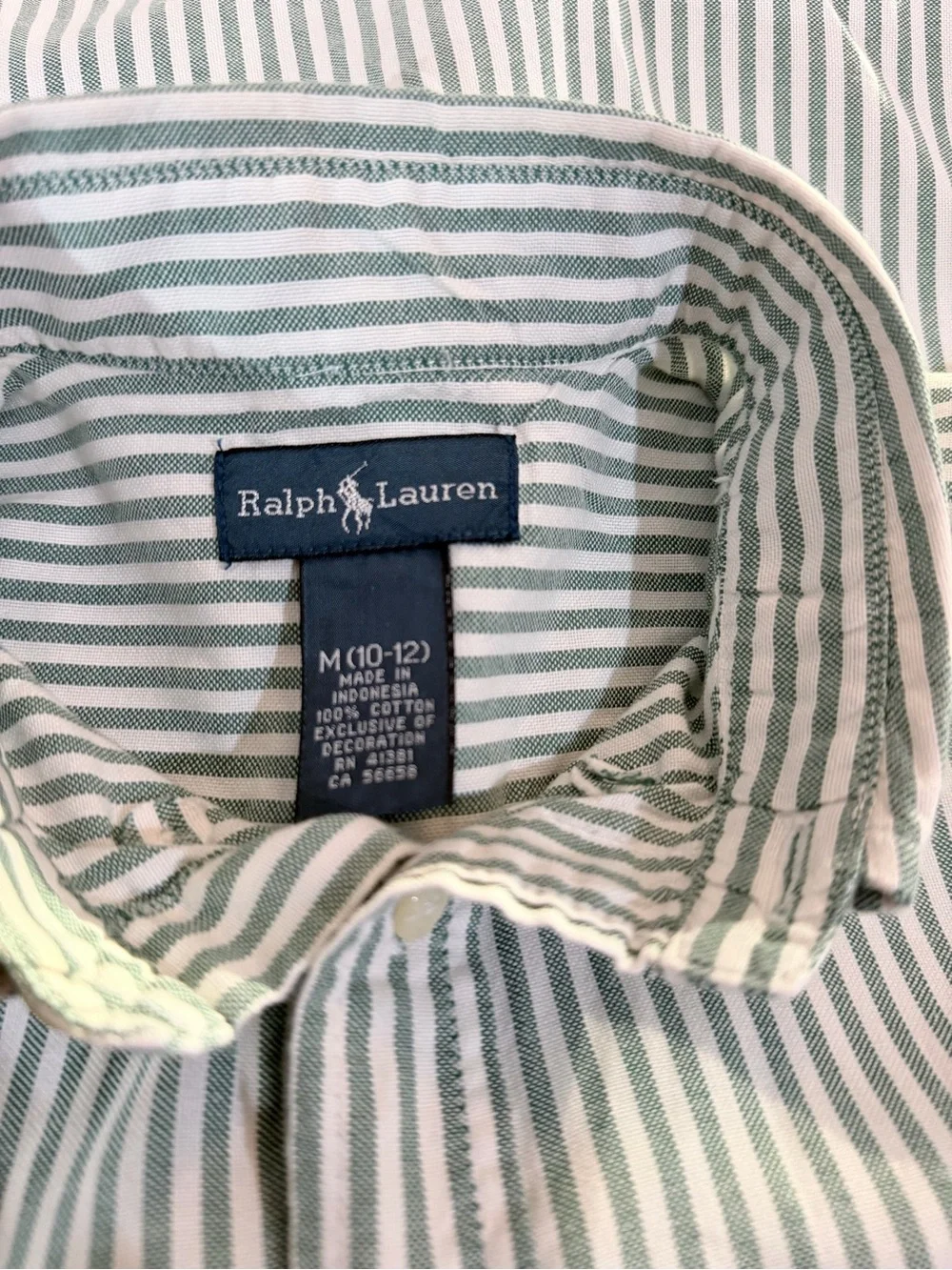 Ralph Lauren Boys Green/White Striped Cotton Button-Up Shirt M 10/12
